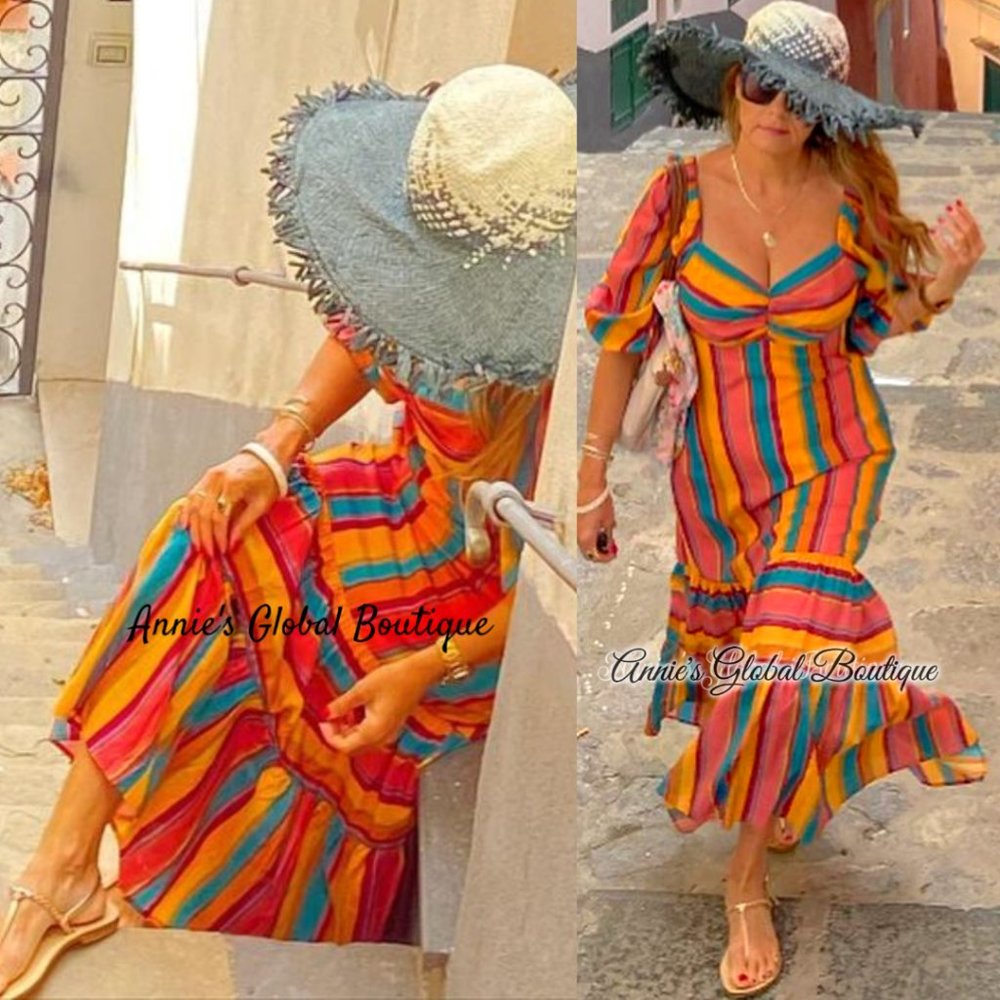 RARE NWT ANTHROPOLOGIE FARM RIO Rainbow Striped Flounced Midi Dress. Size L - Picture 15 of 16